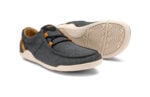 Kona women&#039;s asphalt gray beach-style slip-on shoe with white sole, right front view of one shoe and sole view of the other