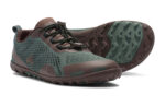 Aqua X men's forest green and java brown water shoes, angle and sole views