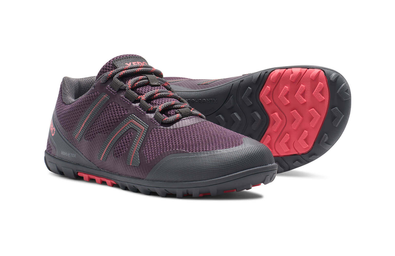 Mesa Trail Waterproof women's plum purple trail running shoes, angle and sole views