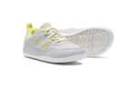 Prio youth light gray and yellow athletic shoes, angle and sole views