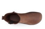 Tari II women’s cappuccino leather ankle boot, with brown sole and buckle strap, top view