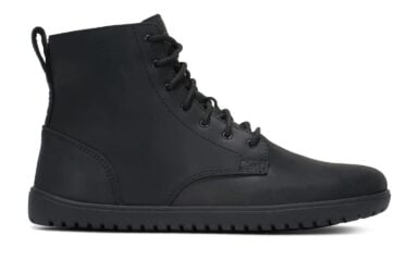Denver II men’s black leather ankle boot, with black sole and lace-up front, right side view
